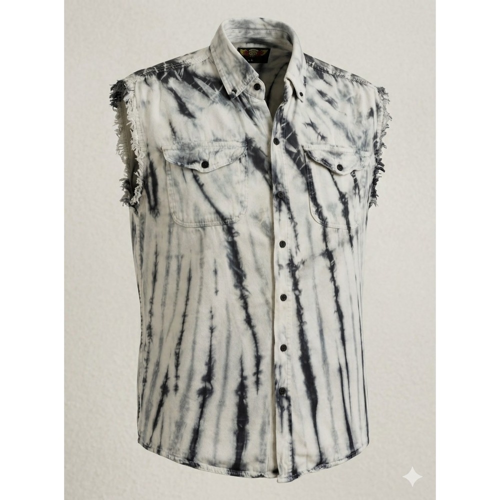 Biker Wear 2015 Sturgis Tie Dye Blue & White Denim Button Up Shirt. Size L